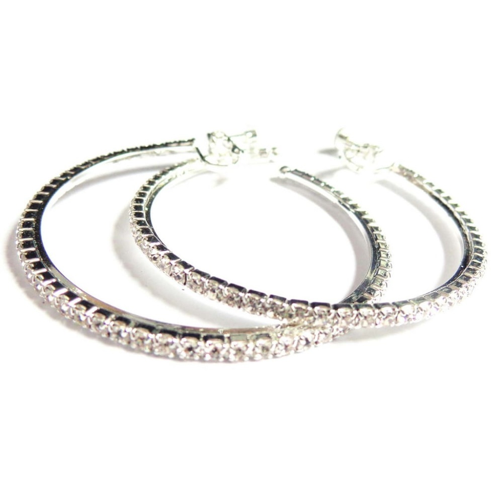 Two Pair Silver Hoop with Rhinestones Earrings, BLING 2.5” & 2.75” - Picture 3 of 7